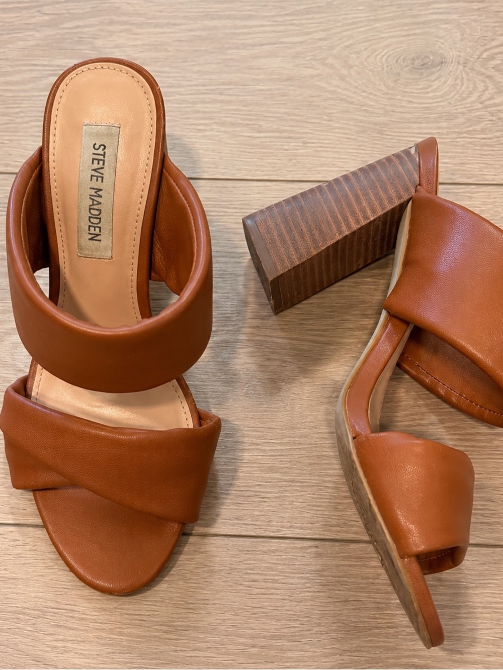 Steve Madden Tan Cognac Leather Double-Band Block Heel Sandals
